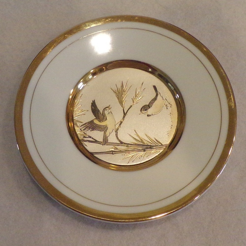 The Art of Chokin Decorative Plate Japan White Gold Birds Engraved Art